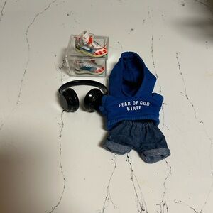 Blue Labubu Hoodie with Denim Shorts, headphones, and shoes